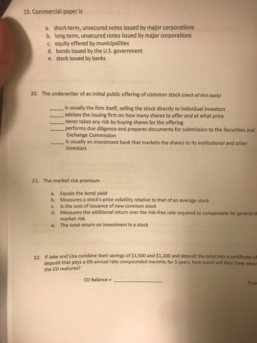 Solved 19. Commercial paper is a. shortterm, unsecured