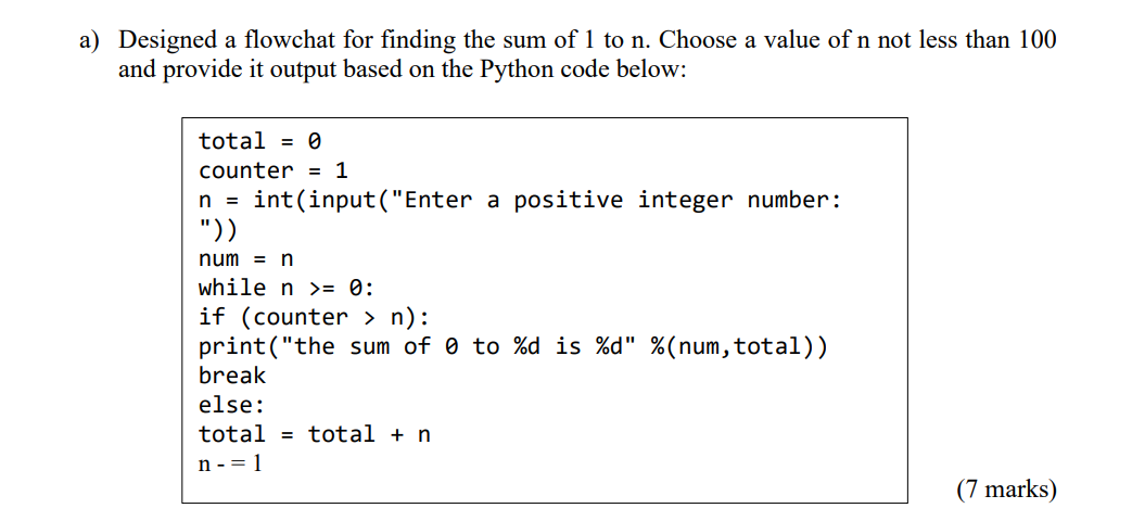 Solved a) Designed a flowchat for finding the sum of 1 to n. | Chegg.com
