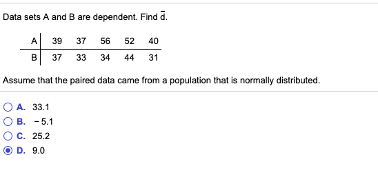 Solved Data Sets A And B Are Dependent. Find D. A 39 37 56 | Chegg.com