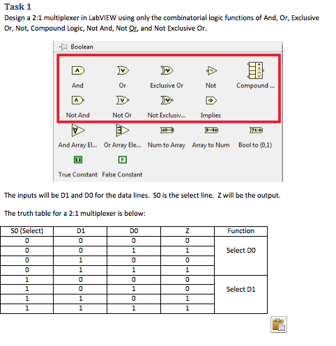 Solved Task 1 Design a 2:1 multiplexer in LabVIEW using only | Chegg.com