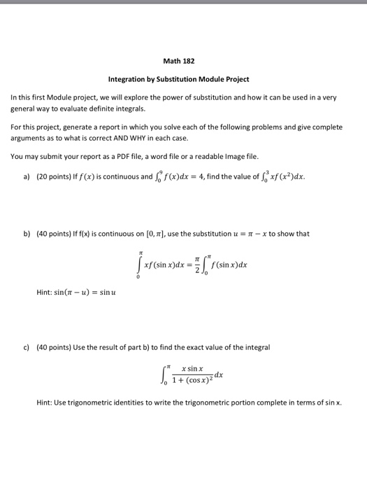Solved Math 182 Integration by Substitution Module Project | Chegg.com