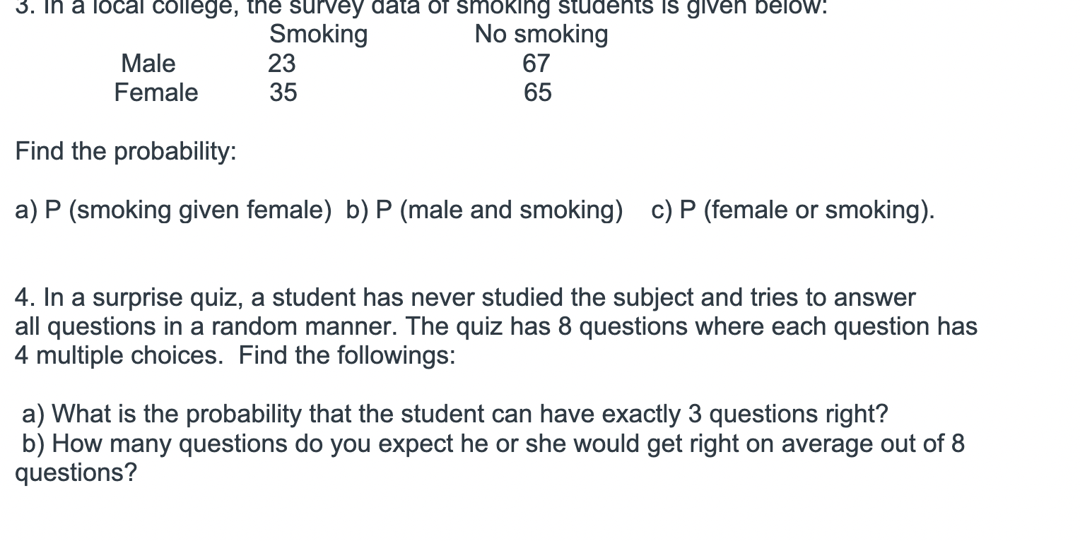 Solved Find the probability a) P (smoking given female) b)