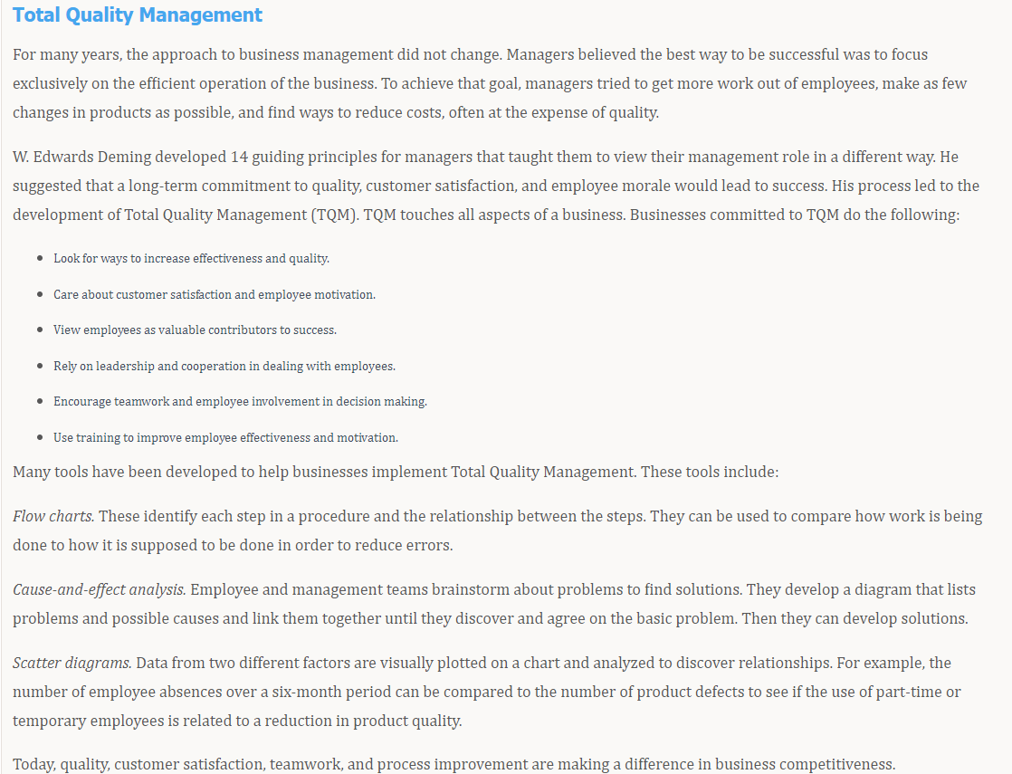 Solved Total Quality Management For many years, the approach | Chegg.com