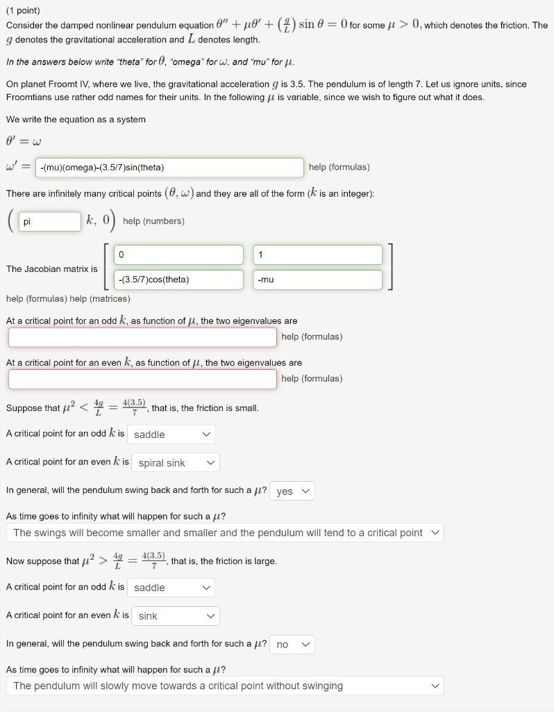 Solved 1 Point Consider The Damped Nonlinear Pendulum E Chegg Com