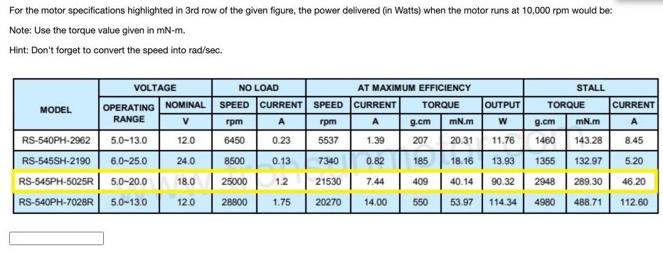 Solved For the motor specifications highlighted in 3rd row | Chegg.com