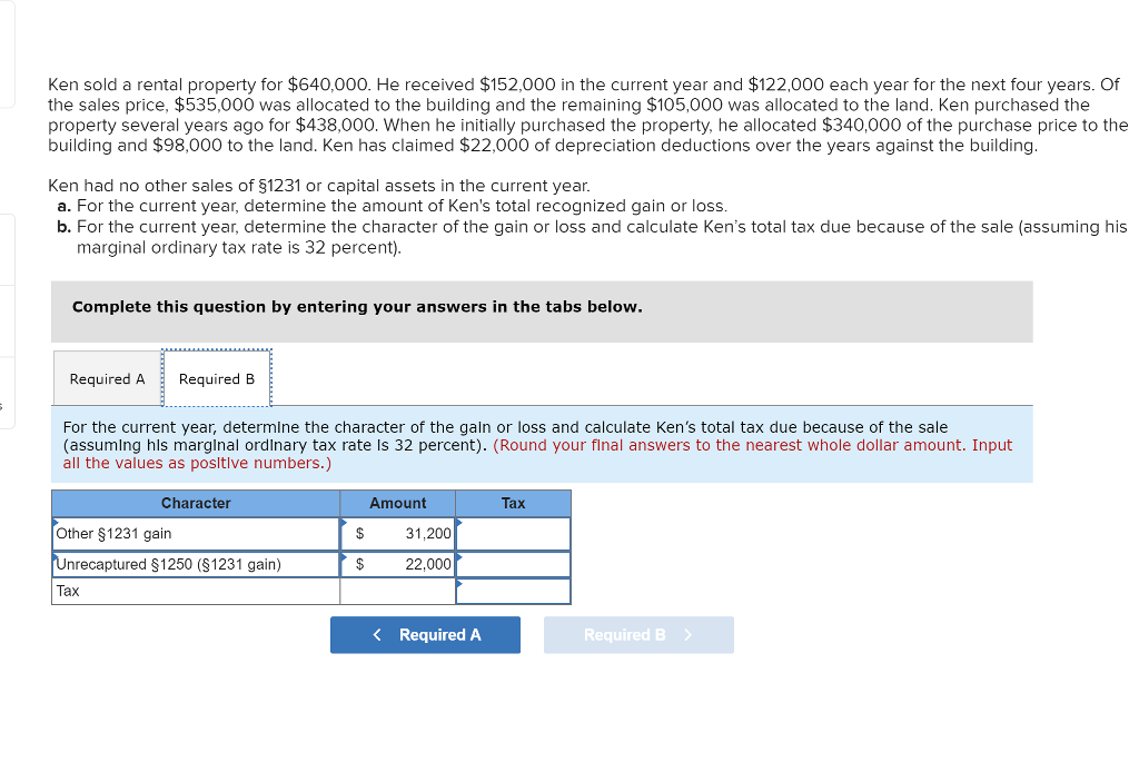 Ken sold a rental property for 640,000. He received