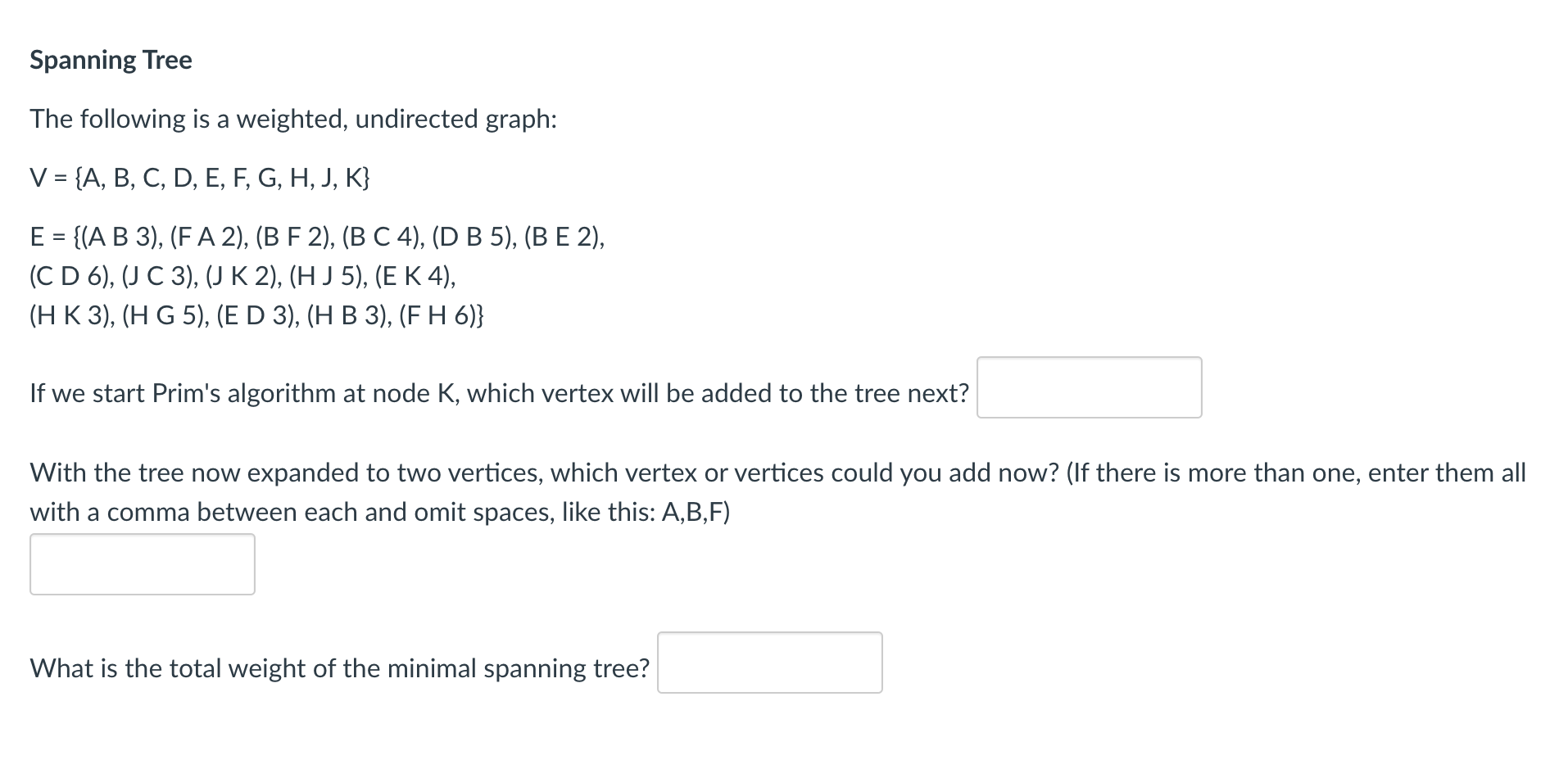 Solved Spanning Tree The Following Is A Weighted Undirec Chegg Com