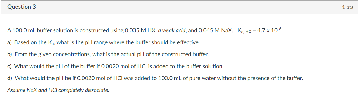 Solved Question 3 1 pts A 100.0 mL buffer solution is | Chegg.com