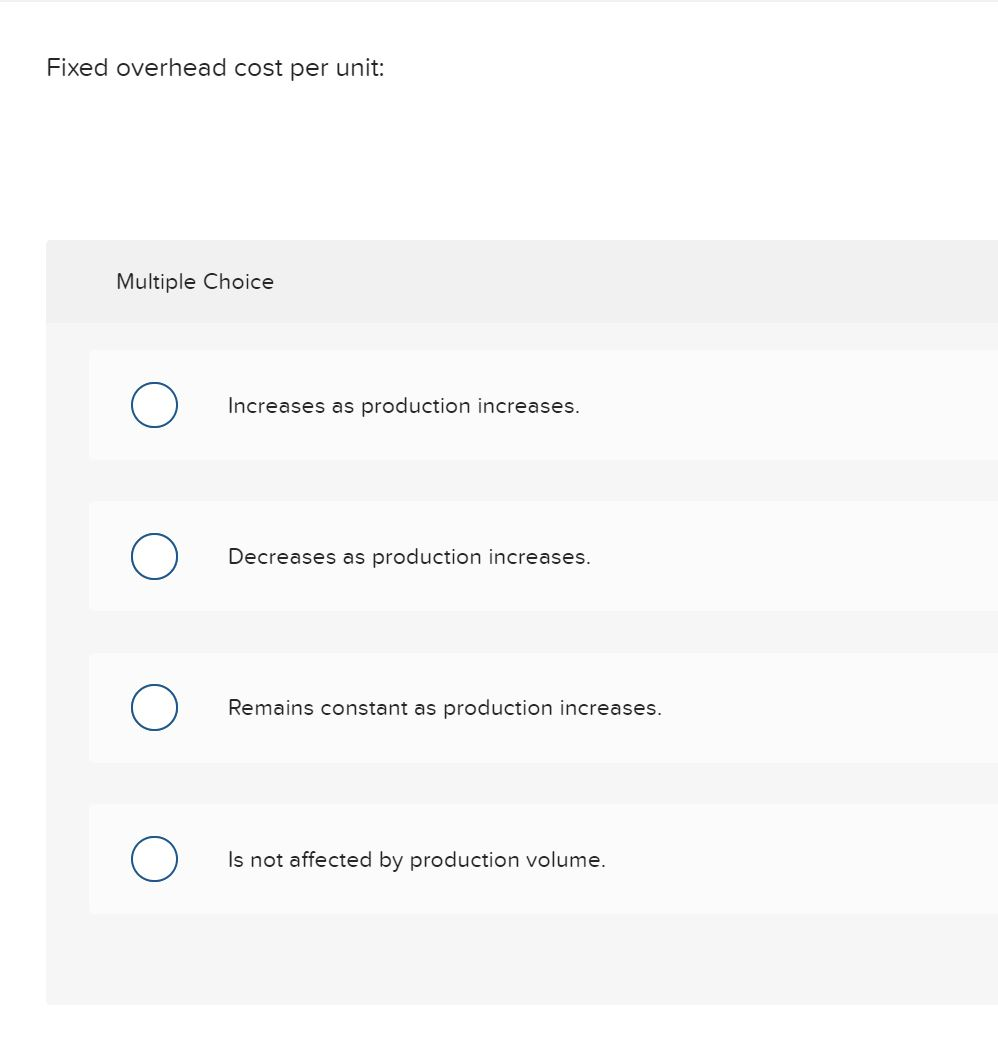 Solved Fixed overhead cost per unit Multiple Choice