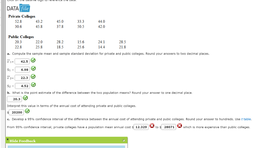 Solved DATA file Private Colleges 52.8 43.2 30.6 45.8 45.0 | Chegg.com