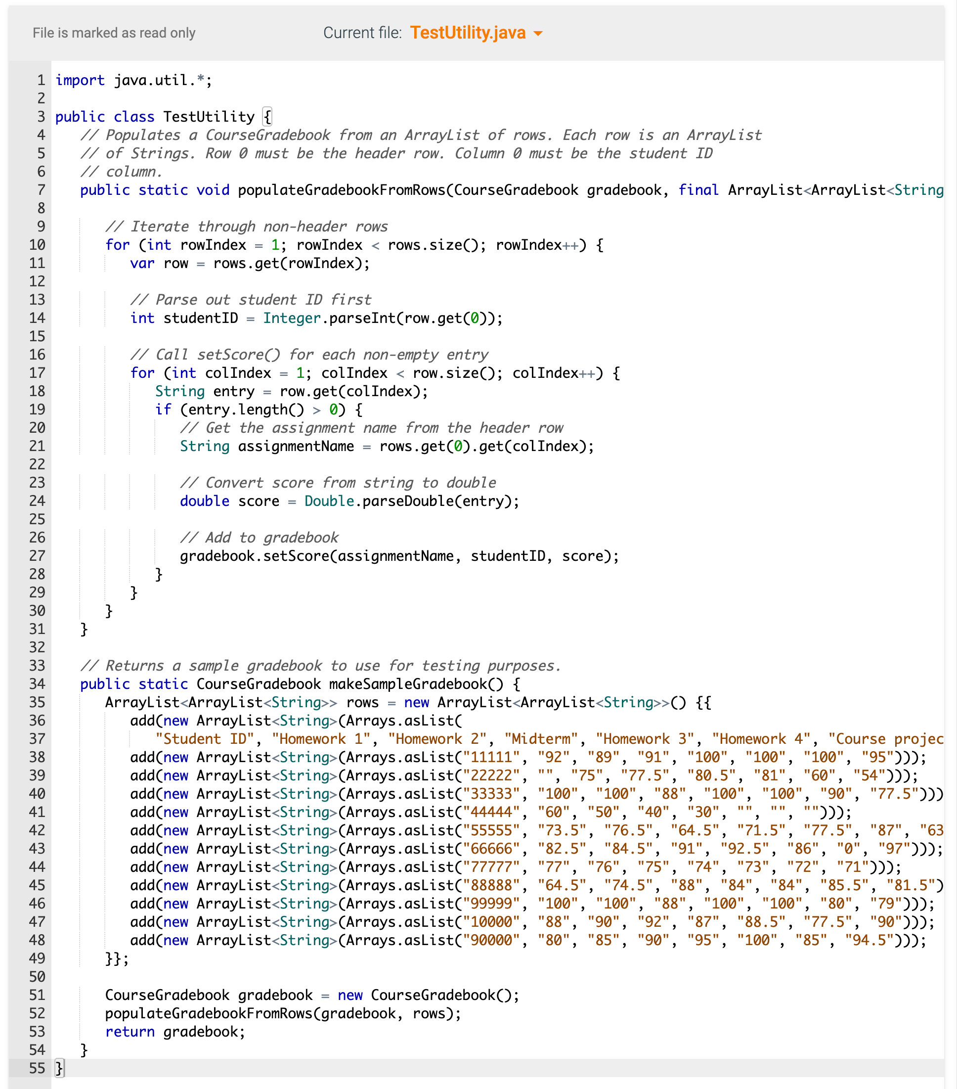 e is marked as read only
Current file: TestUtility.java \( - \)