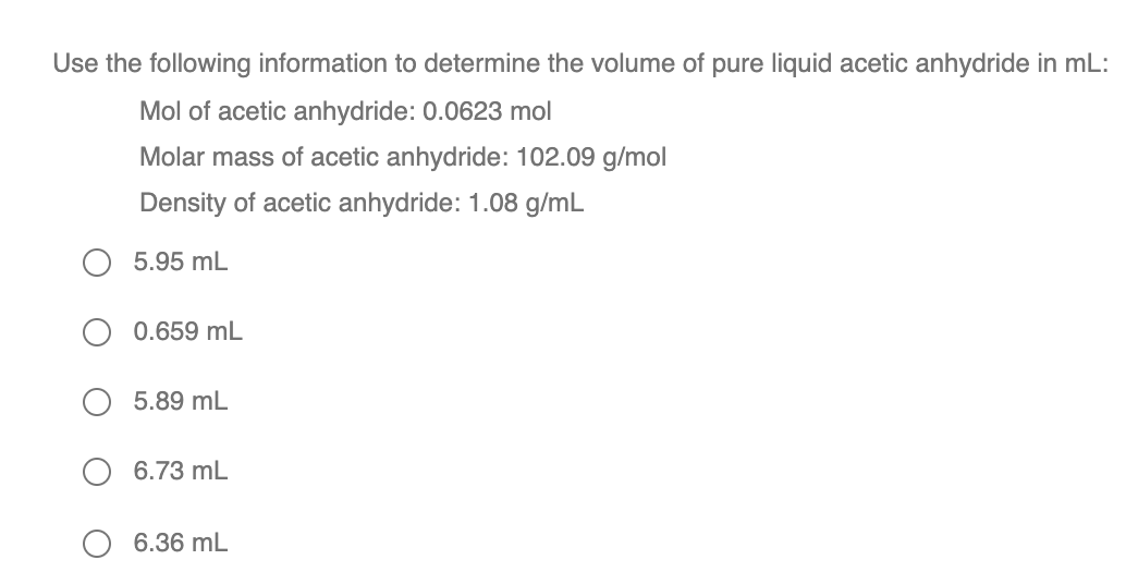 Solved Use The Following Information To Determine The Volume | Chegg.com