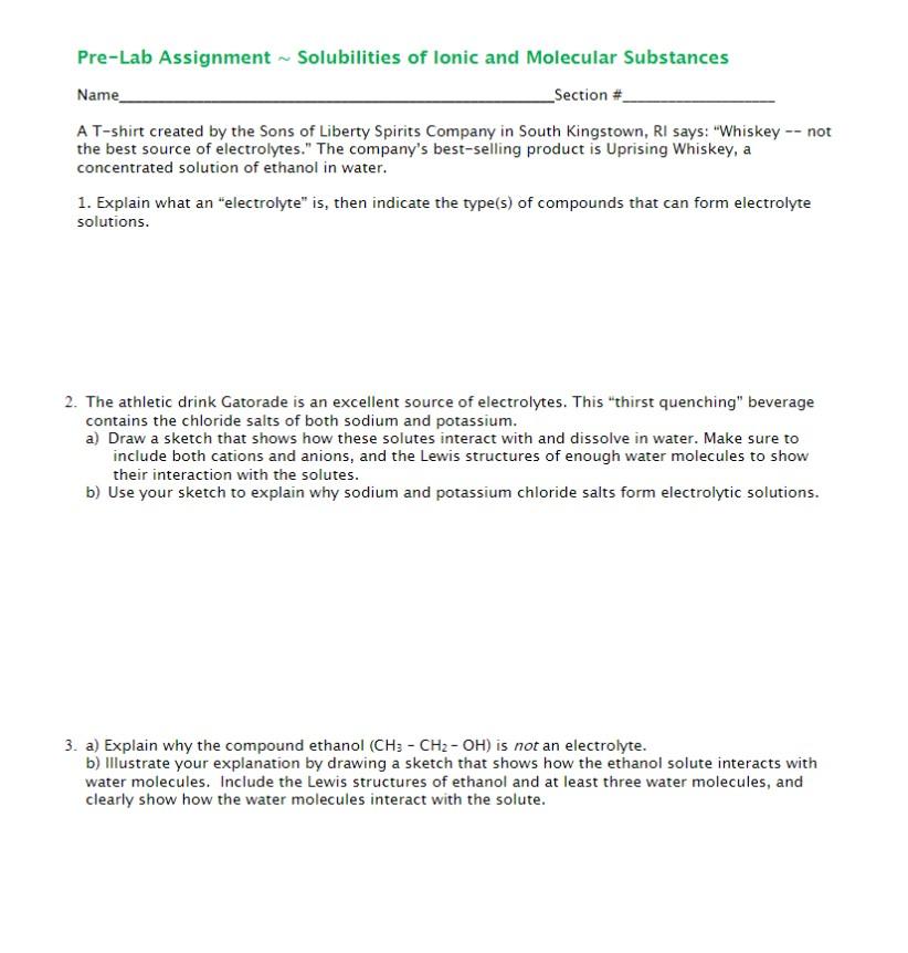 Solved Pre-Lab Assignment ∼ Solubilities of Ionic and | Chegg.com