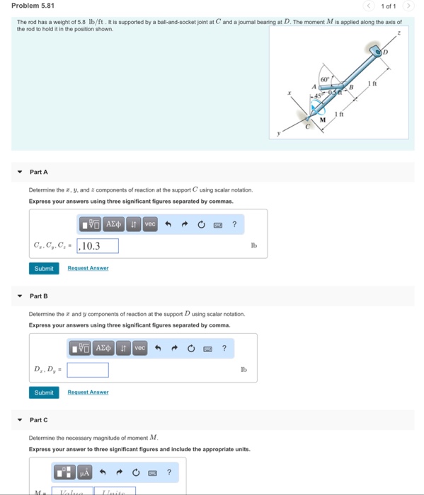 Solved Problem 5.81 1 Of 1 The Rod Has A Weight Of 5.8 | Chegg.com