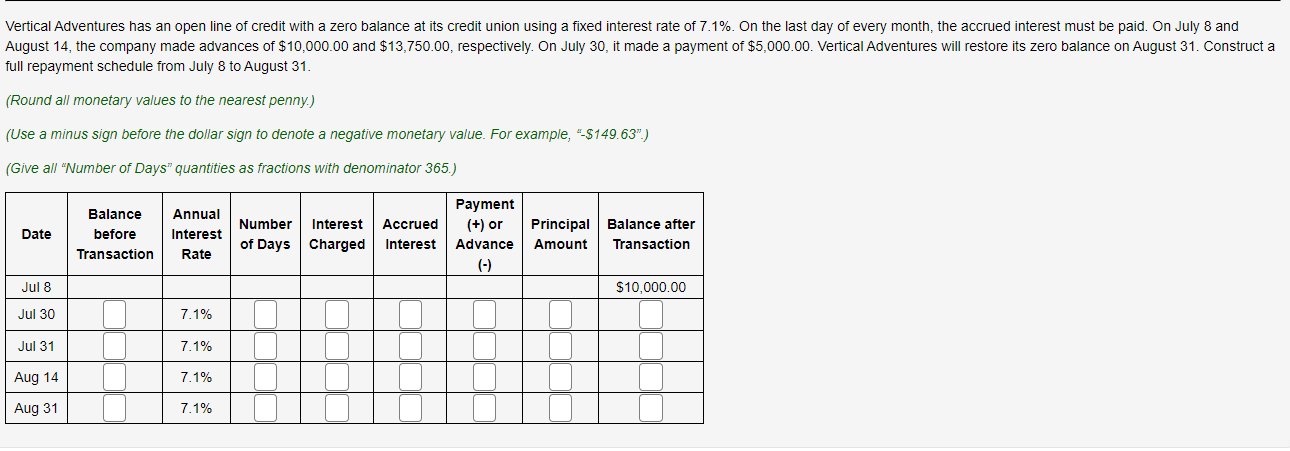 Solved full repayment schedule from July 8 to August 31 . | Chegg.com