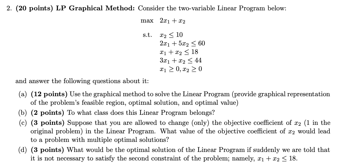 Solved 2. (20 points) LP Graphical Method: Consider the | Chegg.com