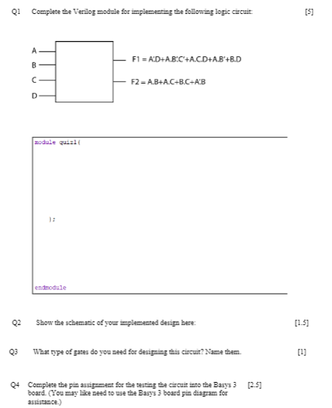 Solved Q1Complete the Verilog module for implementing the | Chegg.com