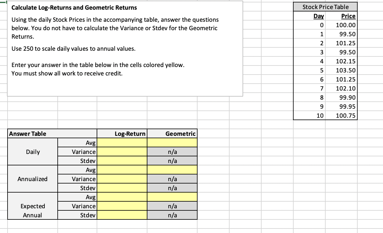 Calculate Log-Returns and Geometric Returns Using the | Chegg.com