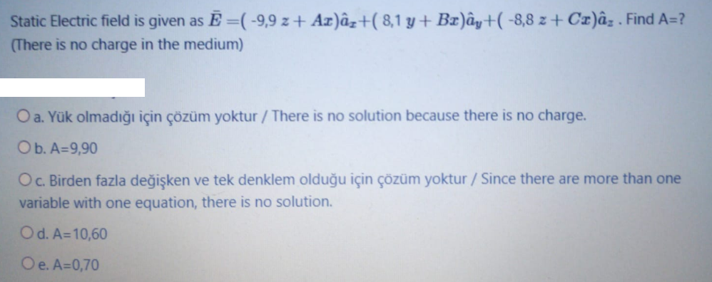 Solved Static Electric Field Is Given As E 9 9 Z Amla Chegg Com