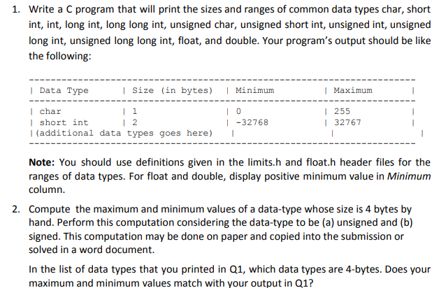 Solved 1. Write a C program that will print the sizes and | Chegg.com