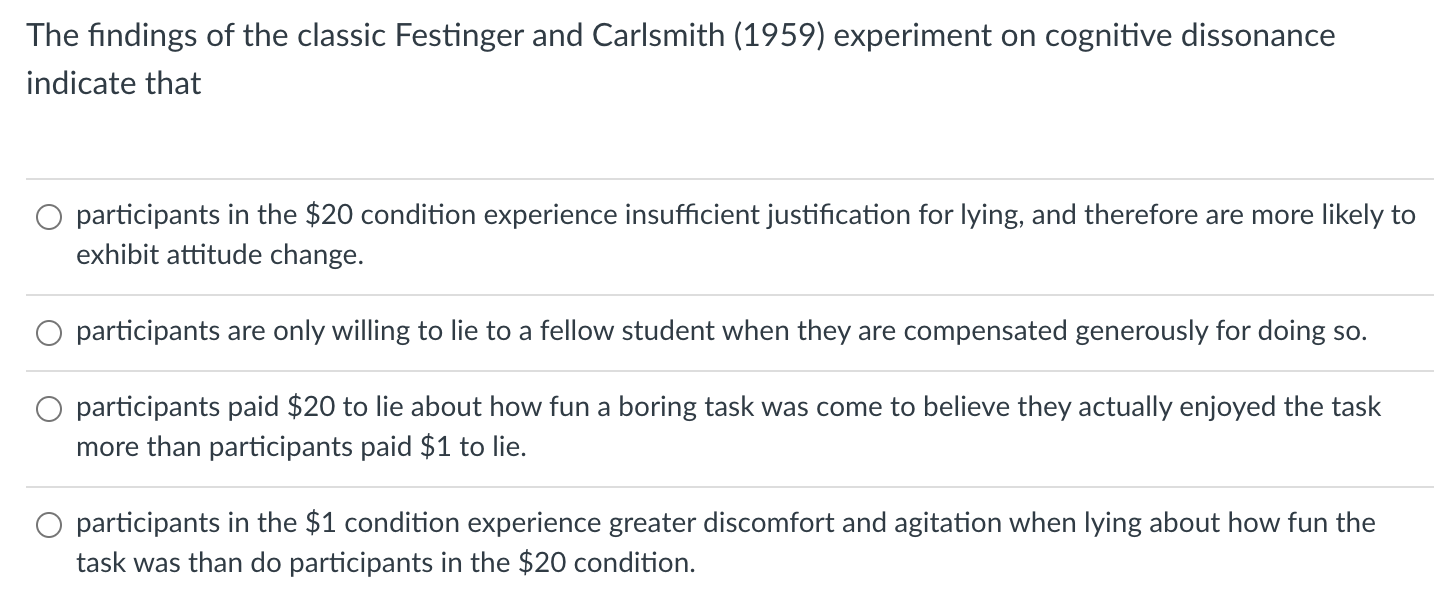 festinger and carlsmith experiment quizlet