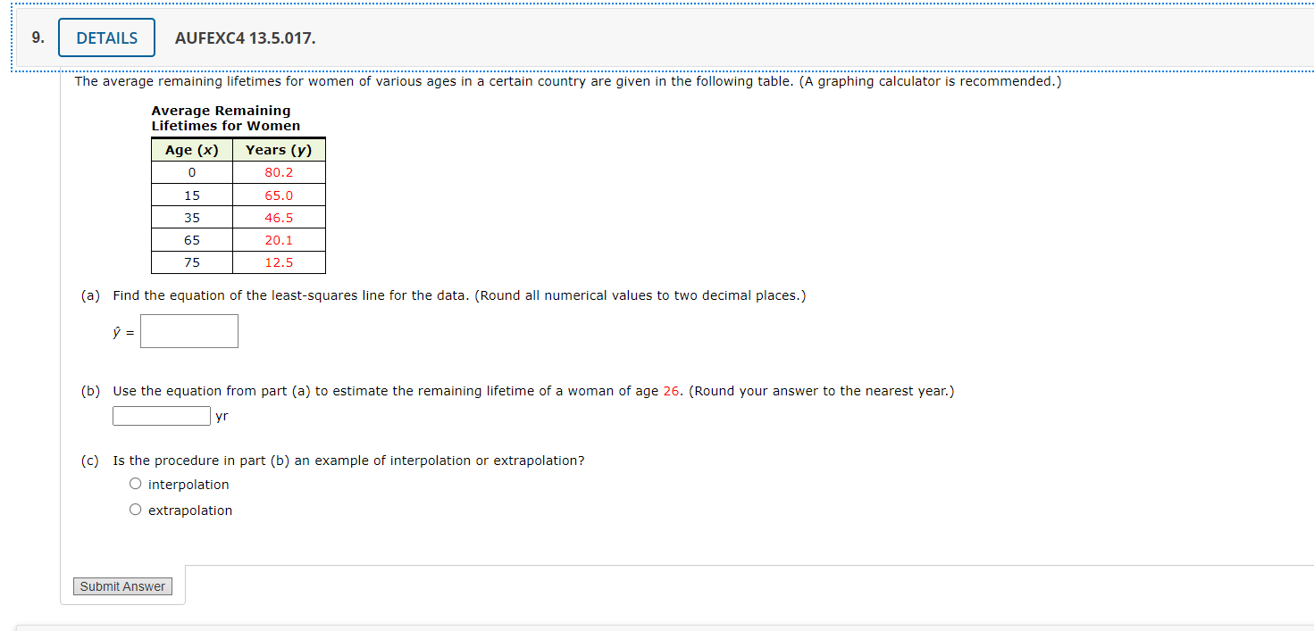 Solved 9. DETAILS AUFEXC4 13.5.017. The average remaining | Chegg.com