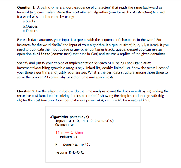 Solved Question 1: A palindrome is a word (sequence of | Chegg.com