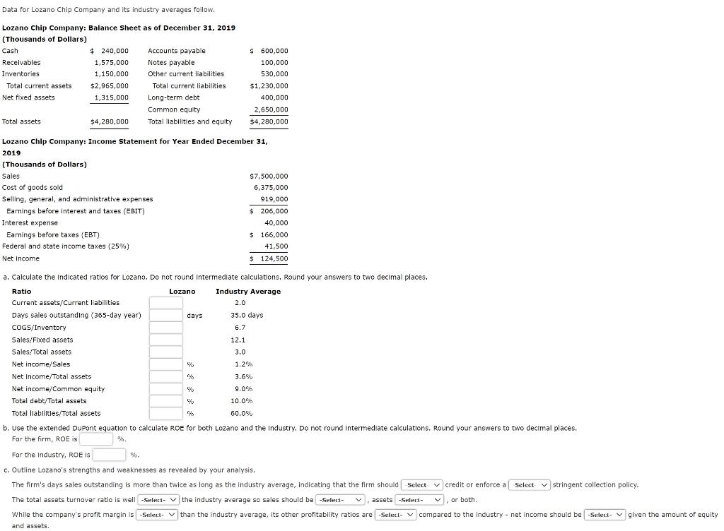 Solved Data for Lozano Chip Company and its industry