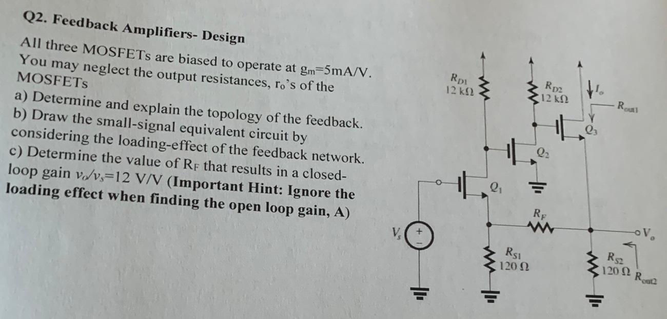 Solved Q2. Feedback Amplifiers- Design All Three MOSFETs Are | Chegg.com