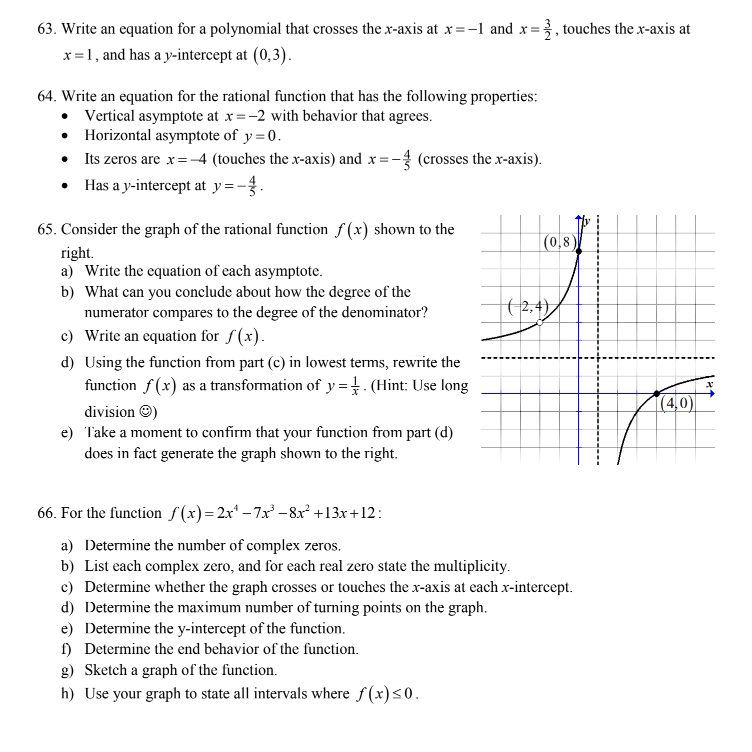 Solved 63. Write an equation for a polynomial that crosses | Chegg.com