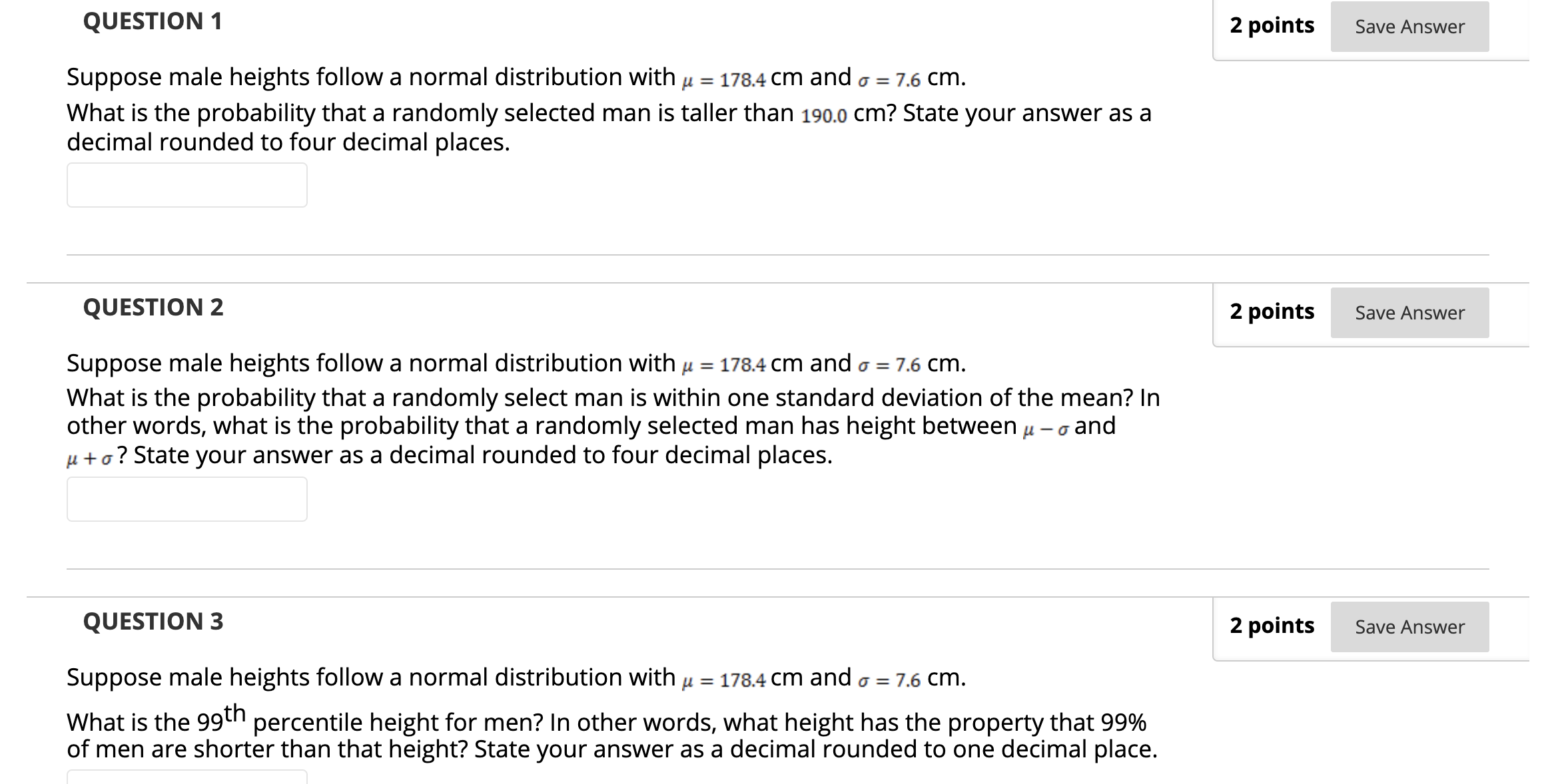 Solved QUESTION 1 2 points Save Answer Suppose male heights | Chegg.com