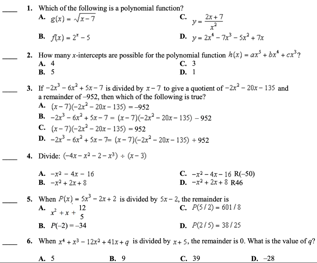 Solved 1. Which of the following is a polynomial function? | Chegg.com