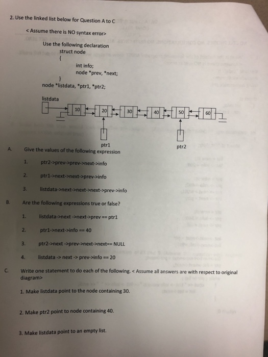 Solved 2. Use the linked list below for Question A to C