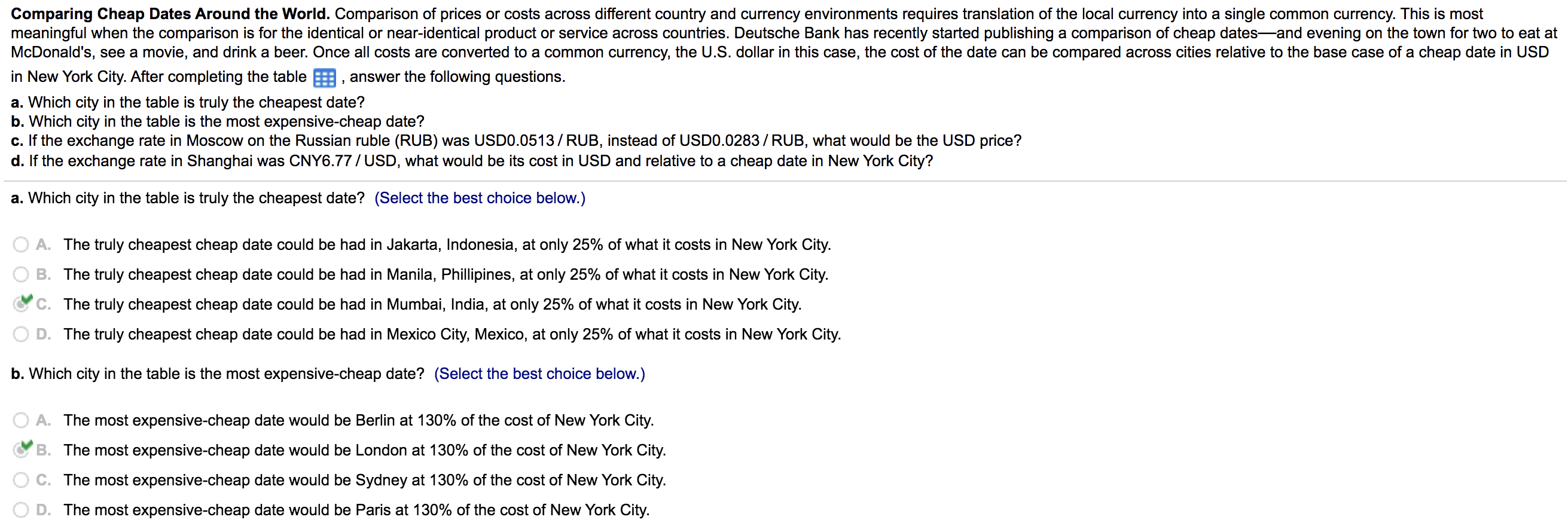 Solved Comparing Cheap Dates Around the World. Comparison of | Chegg.com