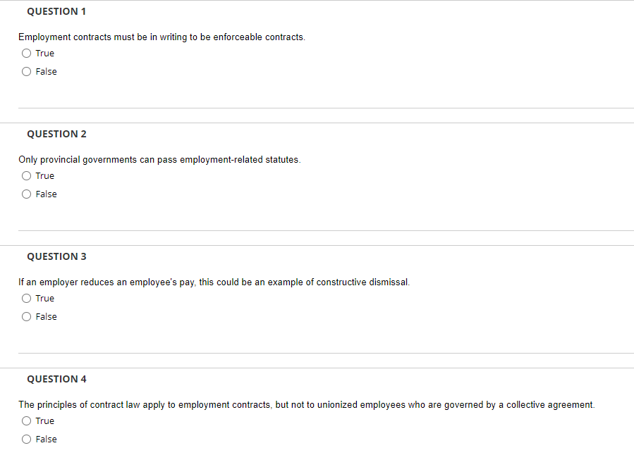 Solved QUESTION 1 Employment Contracts Must Be In Writing To Chegg