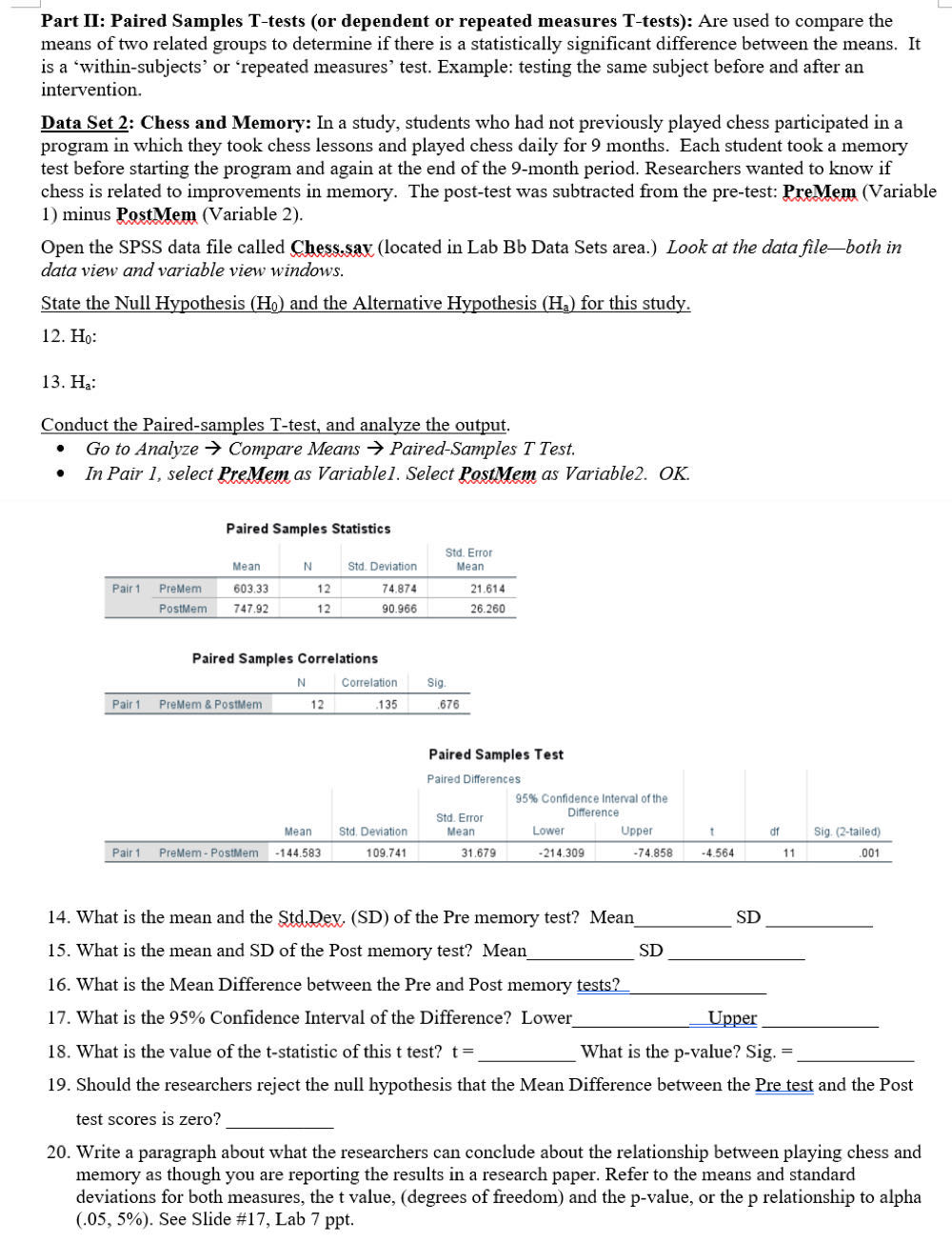 Solved Part II Paired Samples T tests or Dependent Or Chegg