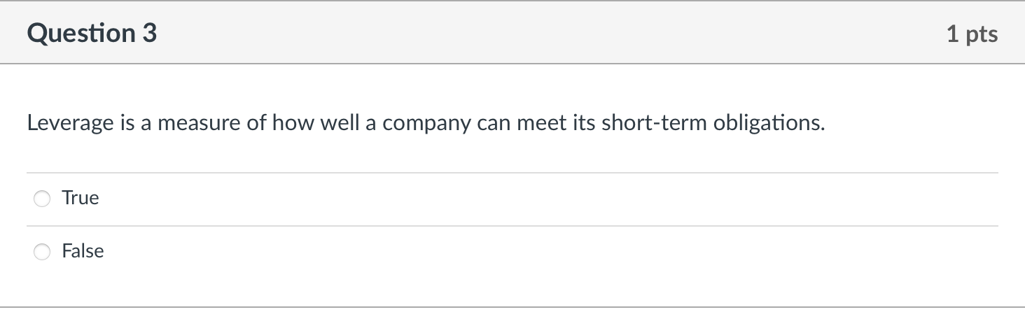 Solved Question 3 1 pts Leverage is a measure of how well a | Chegg.com