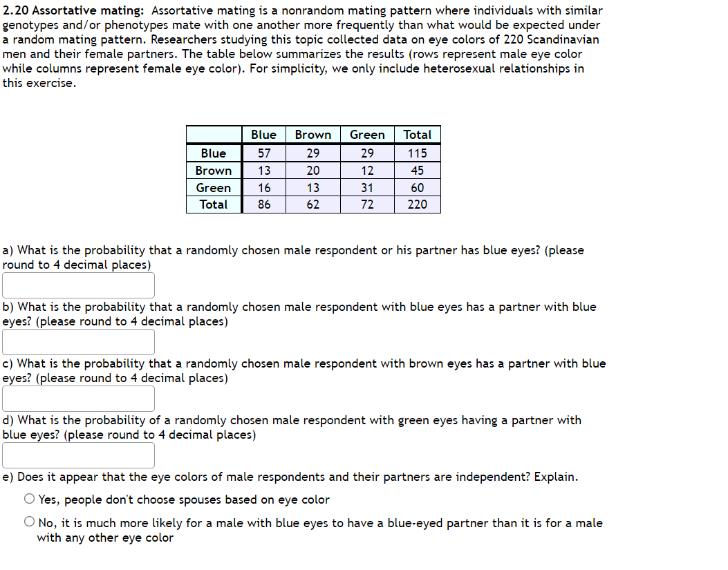 Solved 2.20 Assortative Mating: Assortative Mating Is A | Chegg.com ...