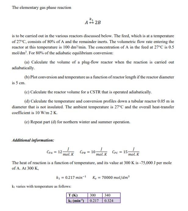 Solved The elementary gas phase reaction A ** 2B is to be | Chegg.com