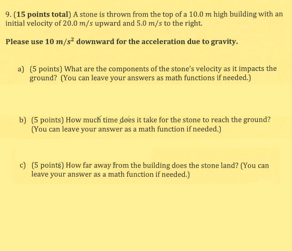 Solved 9.(15 points total) A stone is thrown from the top of | Chegg.com