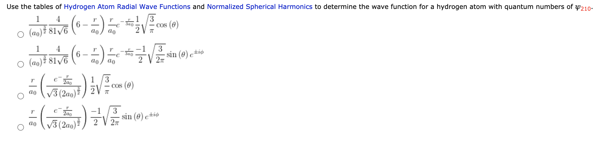 Solved Use the tables of Hydrogen Atom Radial Wave Functions | Chegg.com