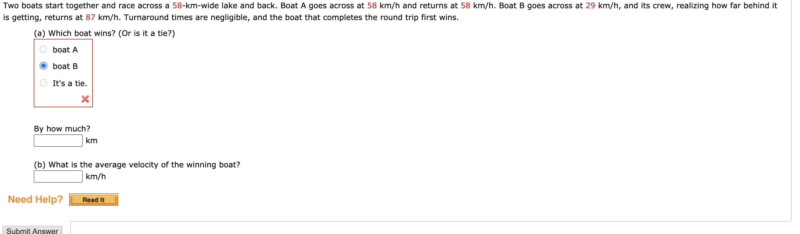 Solved Two Boats Start Together And Race Across A 58-km-wide | Chegg.com