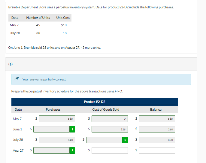 Bramble Department Store uses a perpetual inventory system. Data for product E2-D2 include the following purchases.
On June 1