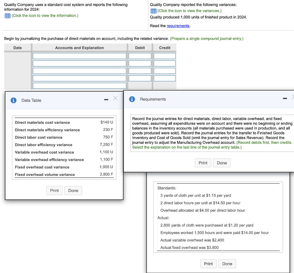 Solved Quality Company uses a standard cost system and
