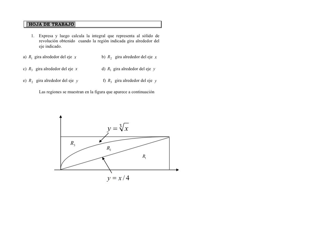 1. Expresa y luego calcula la integral que representa al sólido de revolución obtenido cuando la región indicada gira alreded