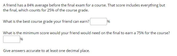 Solved A friend has a 84% average before the final exam for | Chegg.com