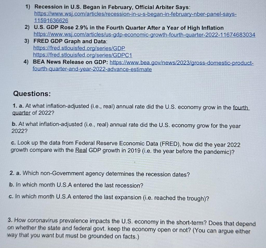 Solved 1) Recession in U.S. Began in February, Official | Chegg.com