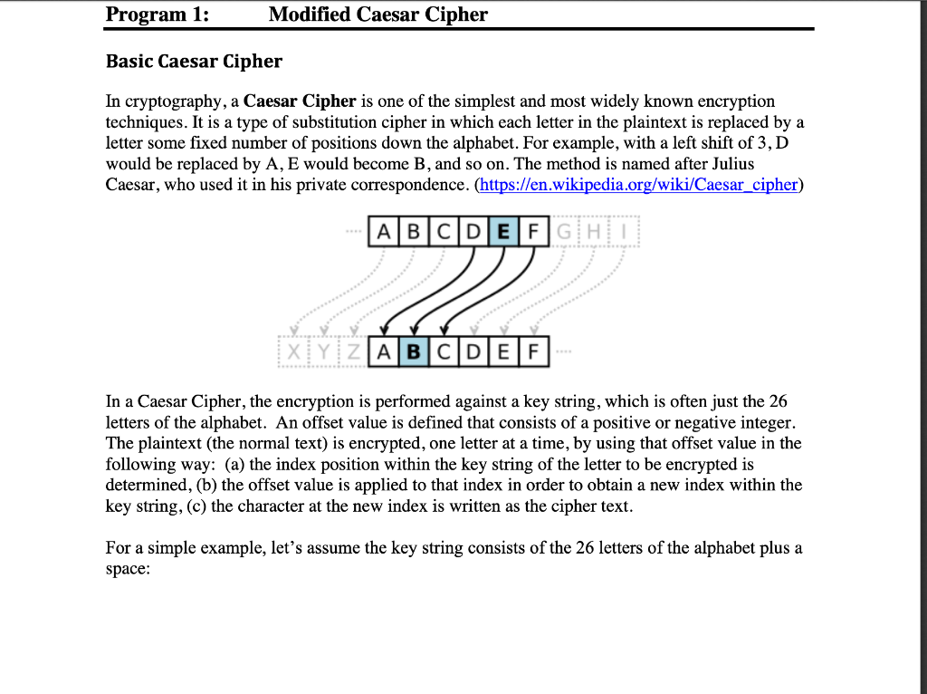 Program 1: Modified Caesar Cipher Basic Caesar Cipher | Chegg.com
