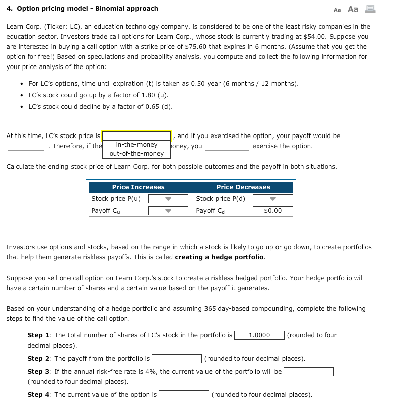 Solved 4. Option pricing model - Binomial approach Aa Aa E | Chegg.com