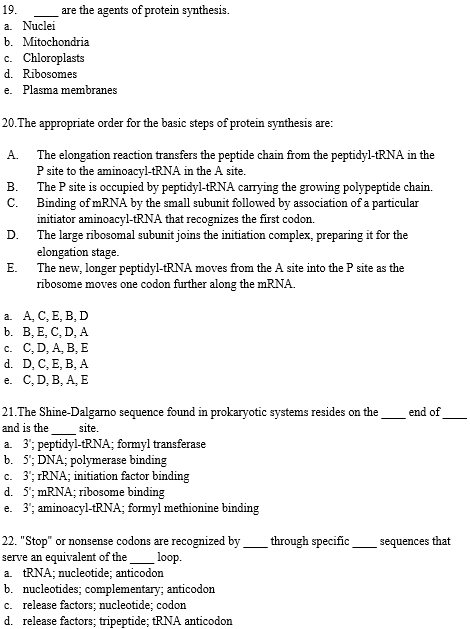 Solved 19. Are The Agents Of Protein Synthesis. A. Nuclei B. | Chegg ...